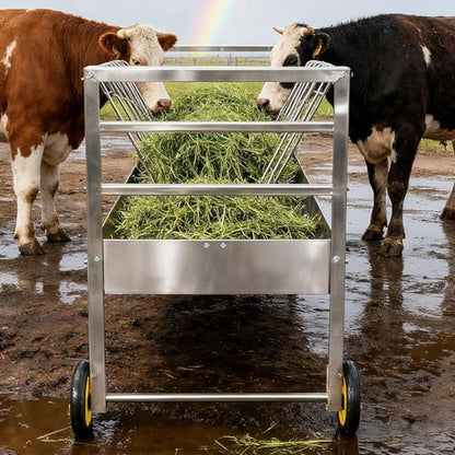 Easy to Assemble 2 in 1 Livestock Feeder with Wheels, Hay Grid on Top and Grain Trough Below, Heavy Duty Galvanized Steel, Space Saving Freestanding Feeder