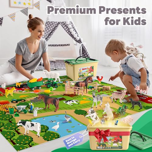Farm Animal Toys for Toddlers,38 PCS Realistic Animal Figurines Toys with 47.2”x31.4” Large Activity Play Mat and Tractor Toy,Farm Playset Educational Learning Toy for Toddlers Kids 3-5