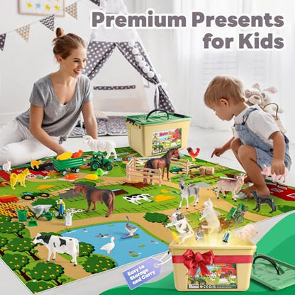 Farm Animal Toys for Toddlers,38 PCS Realistic Animal Figurines Toys with 47.2”x31.4” Large Activity Play Mat and Tractor Toy,Farm Playset Educational Learning Toy for Toddlers Kids 3-5