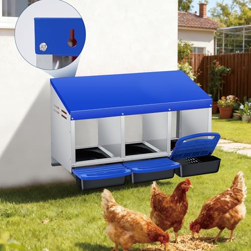 Garvee Nesting Boxes for Chickens - 3 Compartment Metal Stainless Steel Chicken Nesting Boxes with Pull-Out Trays,Hen Roosting & Laying Eggs,Roll Away Design,Easy to Install and Easy to Clean - color: Blue, size: 3 Holes