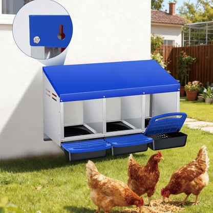 Garvee Nesting Boxes for Chickens - 3 Compartment Metal Stainless Steel Chicken Nesting Boxes with Pull-Out Trays,Hen Roosting & Laying Eggs,Roll Away Design,Easy to Install and Easy to Clean - color: Blue, size: 3 Holes
