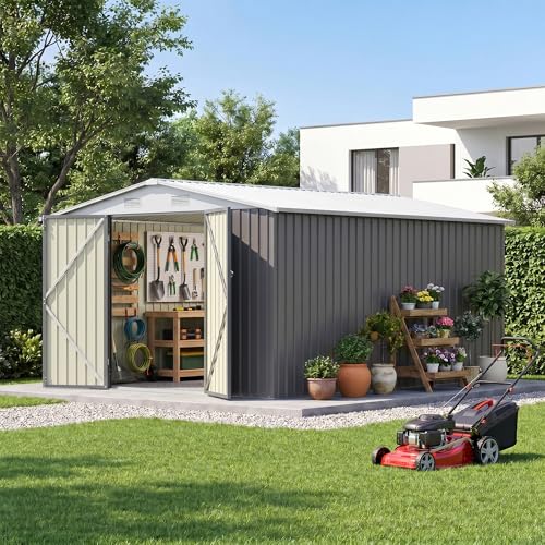 Patiowell 10 x 12 FT Outdoor Metal Storage Shed, Heavy-Duty Shed Storage with Lockable Doors and Steel Frame, Utility Tool Outside Large Storage Shed for Garden, Patio, Backyard, Gray - color: Gray, size: 10x12 FT