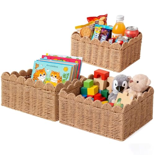3 Pcs Wicker Baskets for Organizing,Scalloped Baskets, Hand-woven Wicker Storage Cubes, Paper Rope Shelf Baskets for Organizing and Decoration,Brown Basket - color: Brown