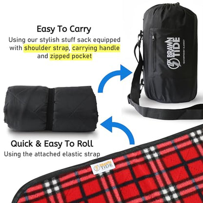BRAWNTIDE Large Waterproof Outdoor Blanket, Extra Thick Fleece, Warm, Windproof & Sandproof, Quilted Stadium Blanket for Sports Events, Beach, Camping, Picnics, Dogs & Car, 82" x 55 - color: Plaid Red