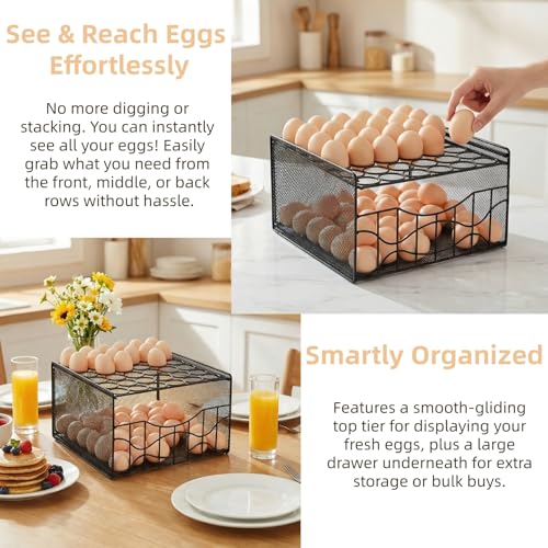 WRINGKIT Egg Basket for Gathering, 2 Tier Large Fresh Egg Collecting Holder with Slide Tray, Holds 36 + 100 Eggs, Metal Wire Farm Eggs Storage Rack for Countertop, Chicken Duck Easter EGG, Fruit