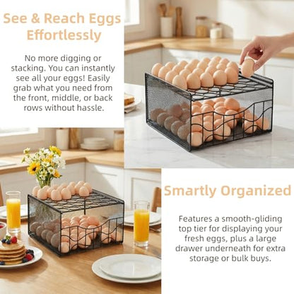 WRINGKIT Egg Basket for Gathering, 2 Tier Large Fresh Egg Collecting Holder with Slide Tray, Holds 36 + 100 Eggs, Metal Wire Farm Eggs Storage Rack for Countertop, Chicken Duck Easter EGG, Fruit