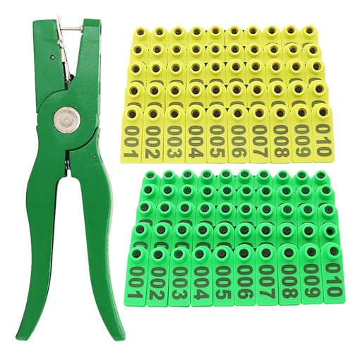 200PCS Sheep Ear Tags Numbered 001-100 with Pliers, Plastic Livestock Animal Ear Tag for Goats Sheep Pigs Animal Identification Earring Tagger (Yellow+Green)