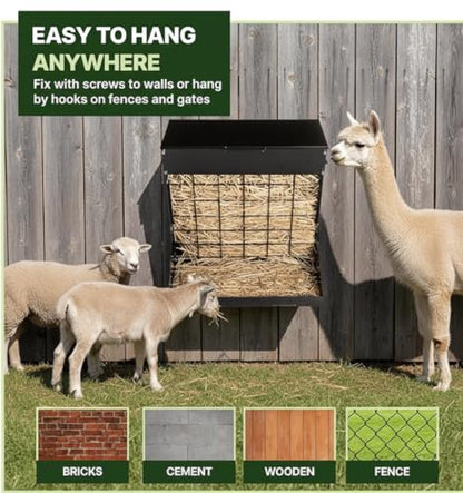 Wall Mount Hay Feeder for Goats, Covered Feeder for Horses with Roof, 2in1 25 Gallon hay Rack & Grain, Hanging Hook on Fence Mount, Galvanized Steel Goat hay Feeder for Sheep Cattle - Black