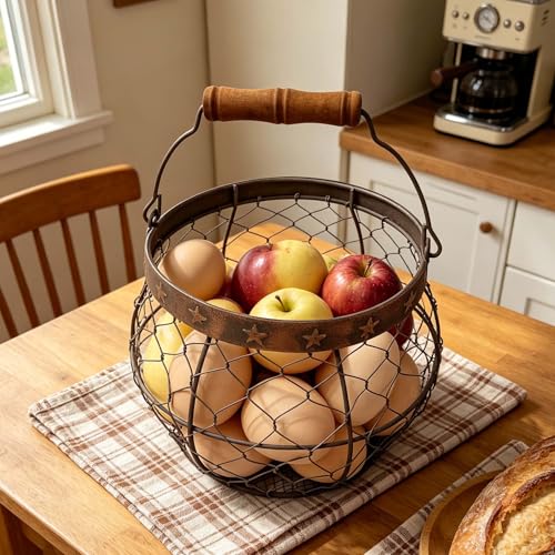 TAIANLE. Wire Egg Basket for Gathering Fresh Eggs, Rustic Farmhouse Chicken Egg Collecting Basket with Handle Star Decor for Kitchen Storage Holder Organizer Easter Display Decoration