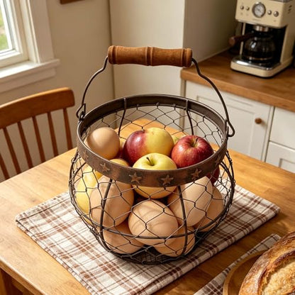 TAIANLE. Wire Egg Basket for Gathering Fresh Eggs, Rustic Farmhouse Chicken Egg Collecting Basket with Handle Star Decor for Kitchen Storage Holder Organizer Easter Display Decoration