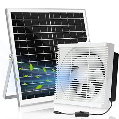 blessny Solar Powered Exhaust Fan, 25W Solar Panel +10" Shutter Ventilation Vent Fan for Outside Greenhouse, Chicken Coop, Shed, Pet House - size: 10" Fan Kit