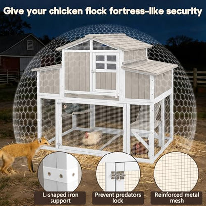 Large Wooden Chicken Coop for 2-6 Chickens, Outdoor Chicken House with 4 Nest Boxes, Hen House Poultry House Pet Hutch Chicken Cage with Waterproof Asphalt Roof, Ramp, Roosting Bars - color: Grey