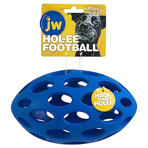JW Pet Hol-ee Football Dog Toy Puzzle Ball, Natural Rubber, Large (9 Inch Length), Colors May Vary - size: Large