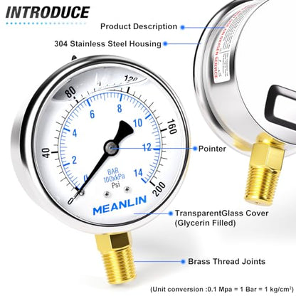 MEANLIN MEASURE 0~200Psi Stainless Steel 1/4" NPT 2.5" FACE DIAL Liquid Filled Pressure Gauge WOG Water Oil Air Lower Mount (Pack of 2), with 1/2" NPT and 3/8" NPT Hex Bushing - size: 0-200Psi (2Pcs)