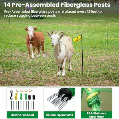 Electric Fence Netting, 49.6" H x 164'L Portable Livestock Nets, Electric Fence Kit with 14 Posts Double Spiked, PE Net Fencing for Cattle, Sheep, Goat, Hogs, Used in Backyards, Farms and Ranches