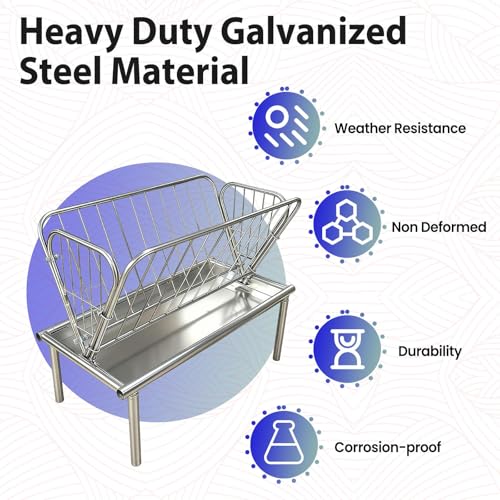 Galvanized Steel Goat Hay Feeder, 2 in 1 Heavy Duty Goat Feeder with Durable Frame, Outdoor Pasture Goat Hay Feeder with 6'' Removable Deep Feeders Pan, for Goats, Sheep, Ponies