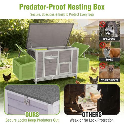 GUTINNEEN Large Chicken Coop for 4-6 Chickens with Nesting Box, Predator Proof Outdoor Hen House, Reinforced Frame, Waterproof Asphalt Roof, Easy Clean Pull-Out Tray, Ventilated Design - size: 70.6"L x 25"W x 28"H