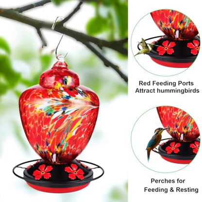 REZIPO Hummingbird Feeder with Perch - Hand Blown Glass - 38 Fluid Ounces Hummingbird Nectar Capacity Include Hanging Wires and Moat Hook (Red-fire) - color: Red-fire