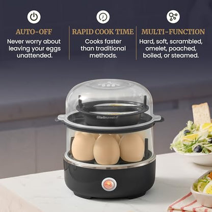Elite Gourmet EGC1215B Easy Egg Cooker, Stainless-steel Heating Plate, Two-Tiered, 14-Egg Capacity, Soft, Medium, Hard-Boiled, Auto Shut-Off, Omelets, Poached Eggs, Measuring Cup, Piercing Pin, Black - color: Black, size: 14-Egg