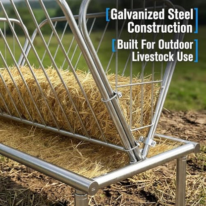 2-in-1 Livestock Hay Feeder, Galvanized Steel Goat and Sheep Feeding Station with 6" Deep Grain Pan, Heavy Duty Outdoor Pasture Hay Rack for Alfalfa and Grains, Reduces Waste