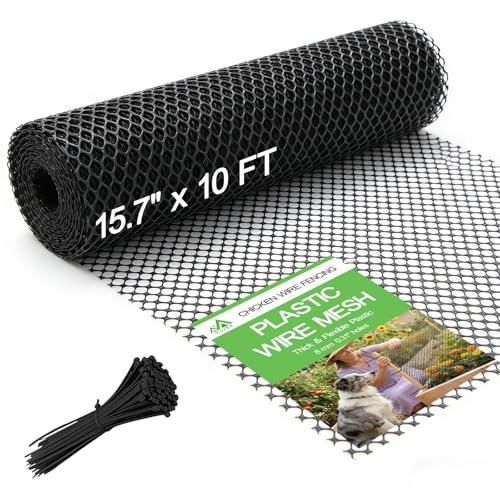 15.7" x 10' Plastic Mesh Fence Roll - Heavy Duty Chicken Wire Mesh Fence - Upgraded Thick Animal Barrier for Garden, Balcony Railing Safety Net, Poultry Netting with 20 Zip Ties, Black - size: 15.7" x 10'
