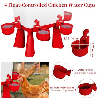 Chicken Waterer, 3 Gallons Automatic Chicken Waterers with 5ft Pipe, Float Controlled Automatic Poultry Water Feeder, 5 Chicken Waterer Cups (Red, 3 Gallons) - color: Red