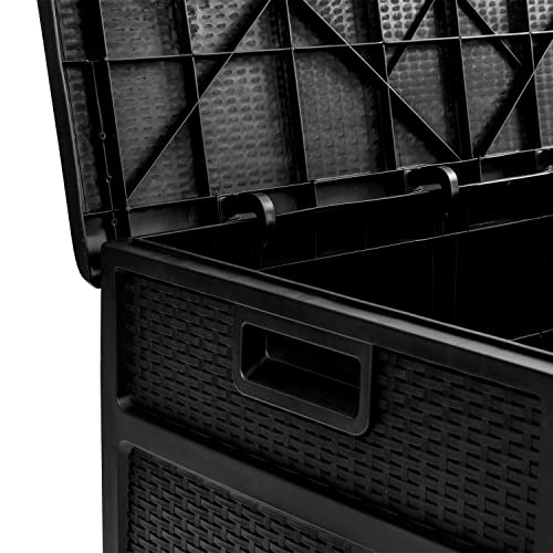Merrick Lane Outdoor Storage Container - 120 Gallon Capacity - Black Weather Resistant Plastic - UV Treated to Prevent Fading - Chest Design with Hinged Lid