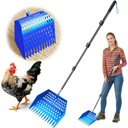 Chicken Poop Scooper & Rake 3 in 1 - Aluminum Alloy Chicken Coop Scoop & Snap-Lock Telescoping Adjustable Handle (16 to 44”), Sand Sifter Shovel for Small Farm Animals US Patent Pending (Aqua Blue) - color: Aqua Blue