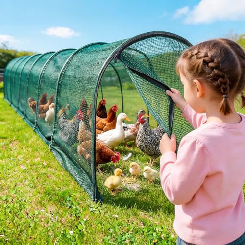 UNIFAMILY Chicken Tunnel for Outside, 23.6FT Flexible Chickens Runs for Yard, Quick Installation Shade Net Protection from Sun Portable Chicken Tunnels, Poultry Coop Run Tunnels Perfect for Backyard - size: 23.6 ft