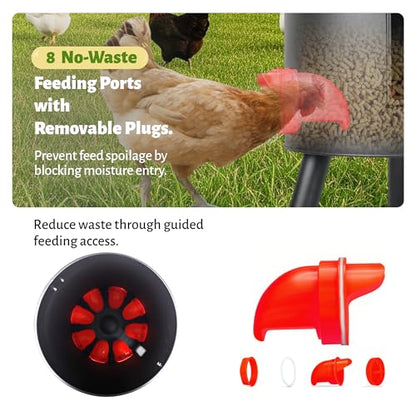 KOL 75 LB Large Free Standing Chicken Feeder, Portable Gravity Chicken Feeder Automatic, Dispenser, 8 Feeding Ports Poultry Feeder for Chicken Rooster & Hen (Black)