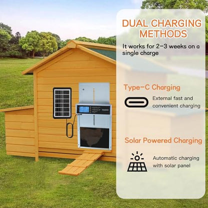 Automatic Chicken Coop Door, LCD Display, 5 Modes, Timer & Light Sensor, Solar Powered & Battery Charging Chicken Coop Door, Weatherproof Automatic Chicken Door with Remote Control