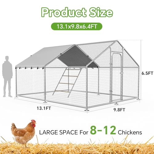 Large Metal Chicken Coop with Roosting Perch, Waterproof and UV-Resistant Cover,Outdoor Walk-in Cage Hen House for Yard Farm Rabbit Duck Chicken Run Spire Roof (10’ W x 13.2’ L x 6.4’ H) - size: 13x10Ft-Spire