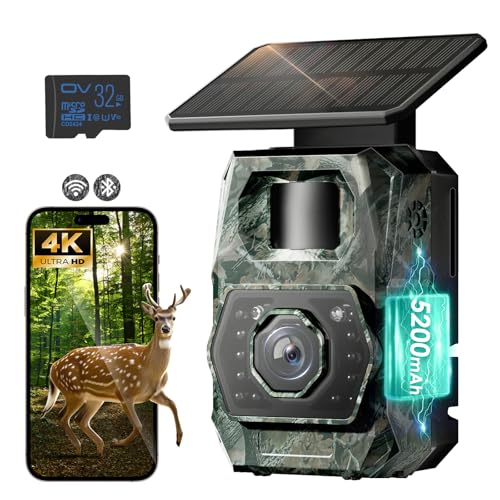 MAXDONE Solar Trail Camera WiFi Bluetooth - 4K 64MP Game Cameras with Night Vision Motion Activated IP66 Waterproof, with 5200mAh Battery and 32GB Memory Card Cameras for Outdoor and Backyard ﻿