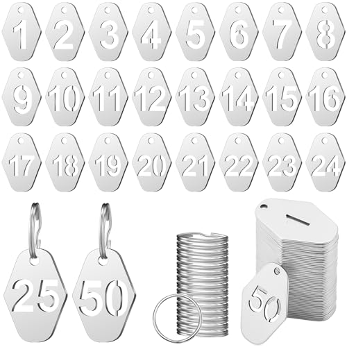 Yaocom 50 Pcs Hollowed Metal Numbered Tags Stainless Steel Number Key Number Labels Coat Check ID Tags with Key Rings Chain for Backpack Hooks Dormitory Keys House Lockers(Diamond, 1-50) - style: Diamond, 1-50