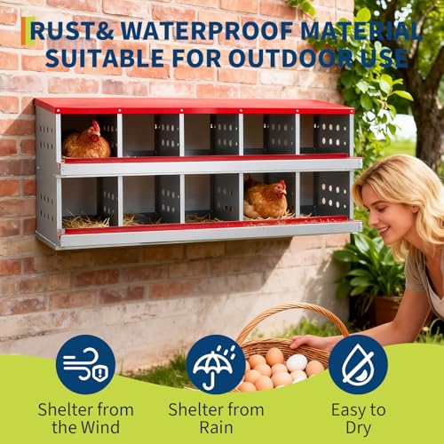 Chicken Nesting Boxes, 10 Compartment Metal Roll Away Nest Box with Vent Holes & Swing Perch, Easy Egg Collection for Hens & Ducks, Ideal for Poultry Coops