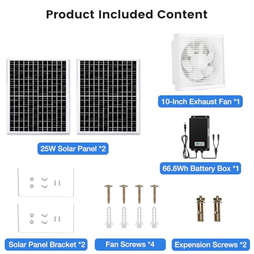 Fanspex Solar Exhaust Fan, Solar Powered Vent Fan Kit for Outside Greenhouse Shed Chicken Coop (10" Fan with Battery) - size: 10" Fan Large