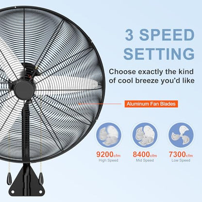 MEPTY 26" Wall Mount Fan, Heavy Duty Industrial Outdoor Wall Fan, High Velocity Oscillating Fans with 3 Speeds for Patio, Shop, Greenhouse, Garage, Commercial, Household use - size: 26inch
