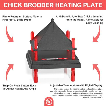 Chick Brooder Heating Plate with Anti Stand Cone, Adjustable Height Brooder Heater for Chicks, Downward Heat Distribution for Outdoor Barns & Coops (10" x 10" with Temp. Adjustments & Black) - size: 10" x 10" with Temp. Adjustments