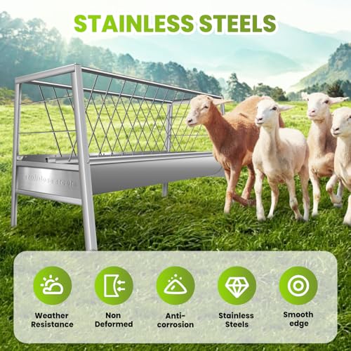 Stainless Steel Hay Feeder for Goats, 85 Gallon Rust-Proof Livestock Trough & Rack, 2-in-1 Heavy Duty Pasture Feeder for Sheep, Horse, and Calves, Reduces Waste