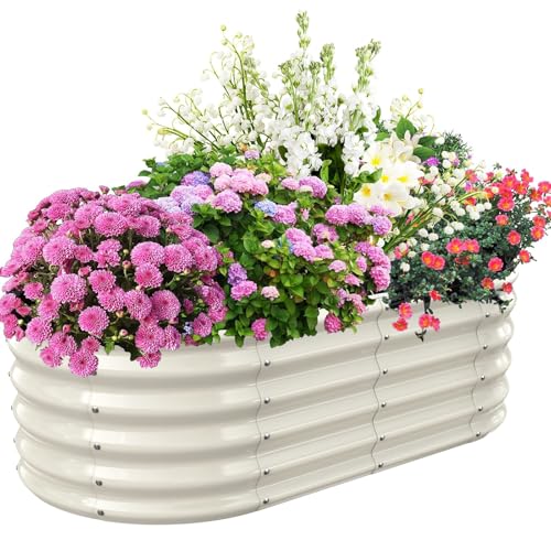 TBMLC 17" Tall Elevated Oval Metal Raised Garden Bed - 4ft x 2ft in Size and 0.8MM Thick Durable Planter Bed/Box for Vegetables Flowers Succulent at Patio/Garden Outdoor (White, 4X2X1.4 FT) - color: White, size: 4X2X1.4 FT