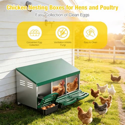 Aivituvin Chicken Nesting Box, 3 Compartments Chicken Egg Laying Box, Metal Nesting Boxes with Swing Perch for Chickens, Roll Away Egg Collection for Chicken Coop (Green) - color: Green