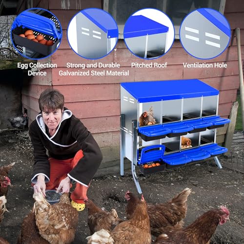 Chicken Nesting Box 8-Hole Roll Away Egg Laying Box with Lid & Stand, Galvanized Steel Rustproof Poultry Coop Box, Easy Clean, Wall Mountable No Bracket Needed for Hens, Blue - color: Blue, size: 8 holes with legs