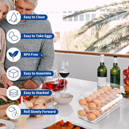 MesRosa Egg Holder for Fridge, Automatic Rolling Egg Organizer for Refrigerator, Clear Plastic Egg Container & Tray, Stackable Dispenser and Storage Bin with Sturdy Lid to Saving Space -2 Layer - size: 2 Layer Holder 28 Eggs