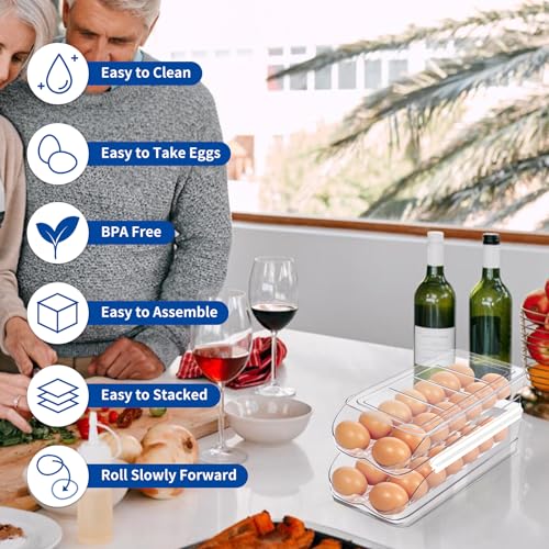 MesRosa Egg Holder for Fridge, Automatic Rolling Egg Organizer for Refrigerator, Clear Plastic Egg Container & Tray, Stackable Dispenser and Storage Bin with Sturdy Lid to Saving Space -3 Layer - size: 3 Layer Holder 42 Eggs