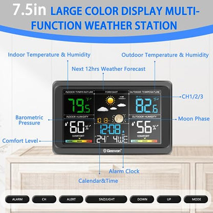 Geevon Weather Stations Wireless Indoor Outdoor Thermometer, Color VA Display Digital Weather Thermometer, Temperature Humidity Monitor with Barometer, Calendar, and Adjustable Backlight