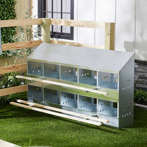 Brower 2-Tier 10-Hole Galvanized Steel Chicken Nesting Box, 50 to 60 Hen Capacity – Outdoor Poultry Laying Station with Hinged Folding Perches, Ventilated Design & Slanted Roof – Made in the USA - size: 10-Hole