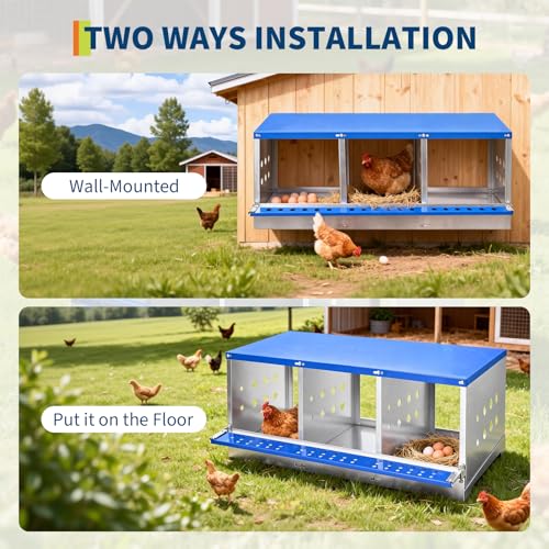Chicken Nesting Box, 3 Compartment Nesting Boxes for Chickens, Durable Galvanized Steel, Ventilated with Dot Holes, Non-Slip, Wall Mountable Nesting Boxes for Chicken, Partitioned Design, Blue - size: 3 Compartment