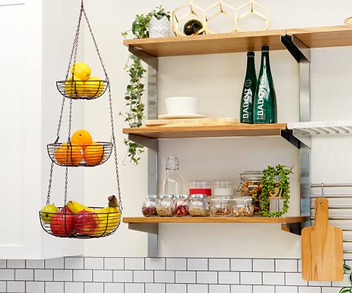 CAXXA 3-Tier Hanging Basket Fruit Organizer Kitchen Heavy Duty Wire Organizer with 2 Free Bonus Metal Ceiling Hooks(Bronze) - color: Bronze