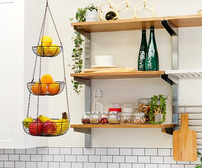 CAXXA 3-Tier Hanging Basket Fruit Organizer Kitchen Heavy Duty Wire Organizer with 2 Free Bonus Metal Ceiling Hooks(Bronze) - color: Bronze
