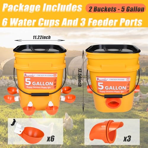 5 Gallon/44 Lbs Automatic Chicken Feeder & Waterer Set with Buckets, No Waste Feeder Port & Waterer Cup, Rain Proof Poultry Feeders, Keeps Out Small Animals, Ideal for Duck, Chick & Turkey